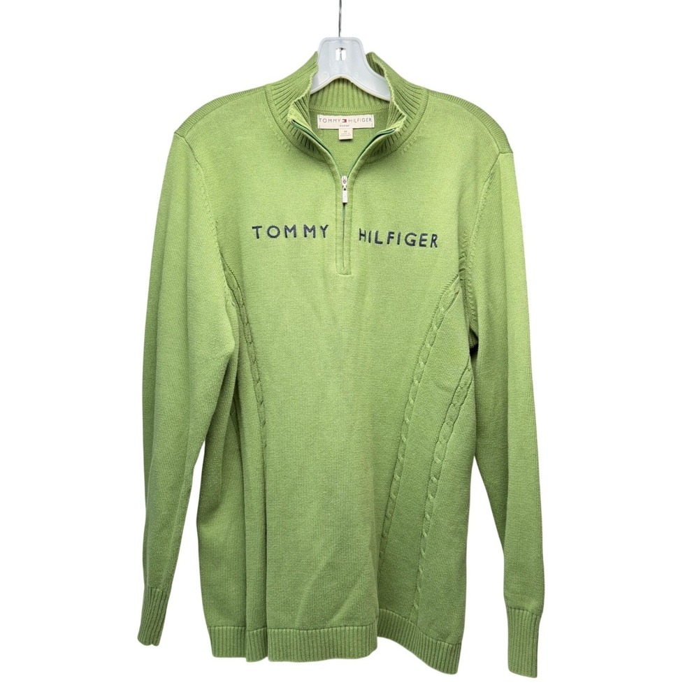 Tommy Hilfiger Y2K Vintage 1/4 Zip Sweater Green 100% Cotton Knit Mock Neck 1X‎ - Picture 4 of 11